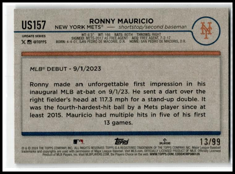 2024 Topps Update Vintage Stock #US157 Ronny Mauricio #/99 New York Mets