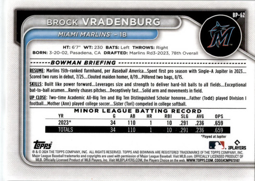 2024 Bowman #BP-62 Brock Vradenburg Miami Marlins