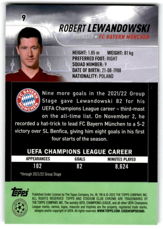 2022 Topps Stadium Club Chrome UCL Robert Lewandowski FC Bayern Munchen #9
