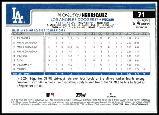 2025 Topps Aqua Rainbow Foil #513 Edgardo Henriquez Rookie Los Angeles Dodgers