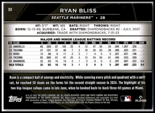 2025 Topps Chrome Black #33 Ryan Bliss Rookie Seattle Mariners