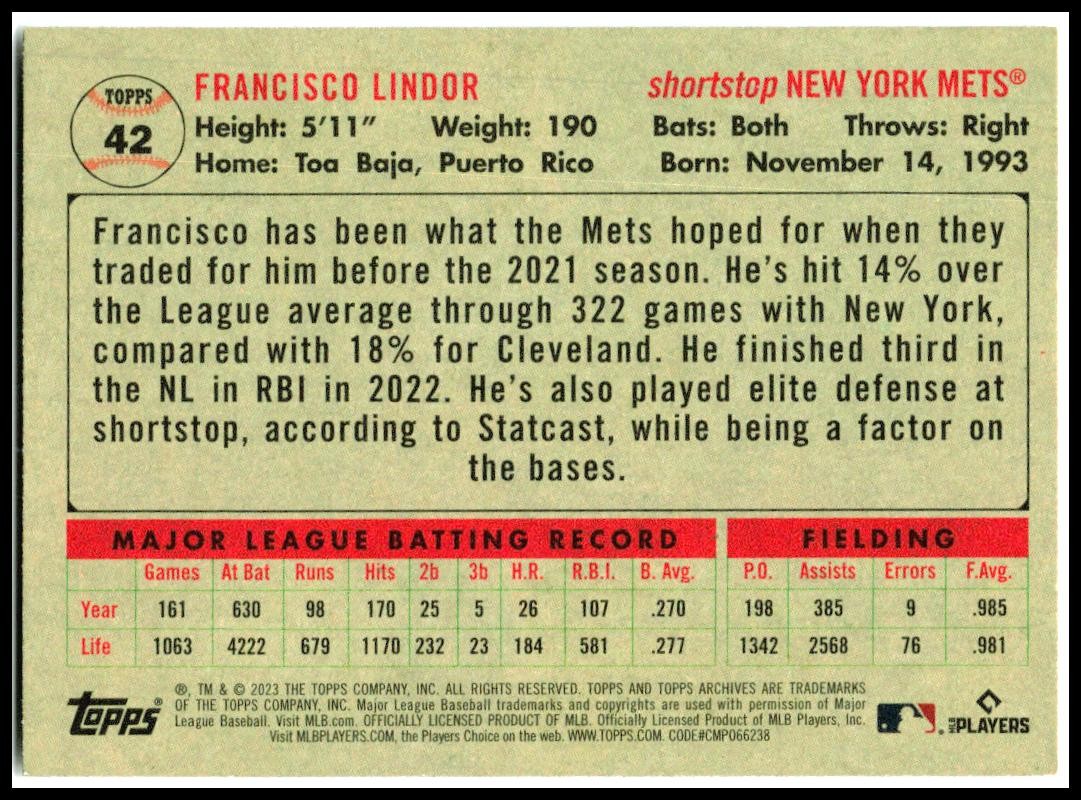 2023 Topps Archives #42 Francisco Lindor New York Mets