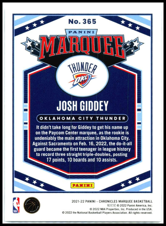 2021-22 Panini Chronicles #365 Josh Giddey Oklahoma City Thunder