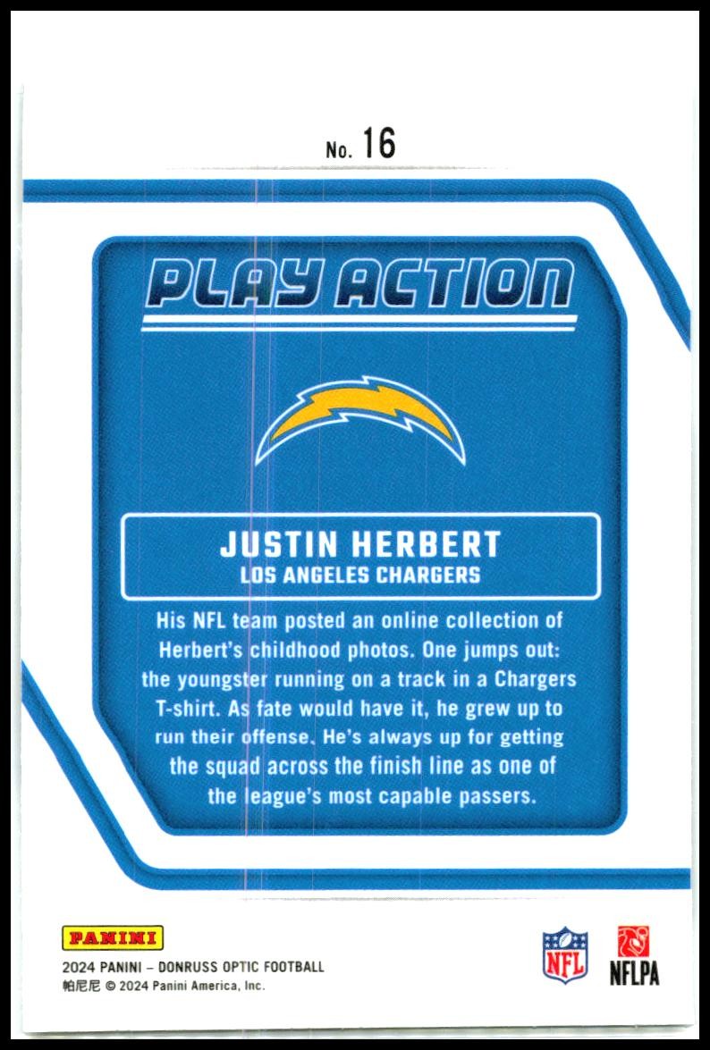 2024 Donruss Optic Play Action #16 Justin Herbert Los Angeles Chargers