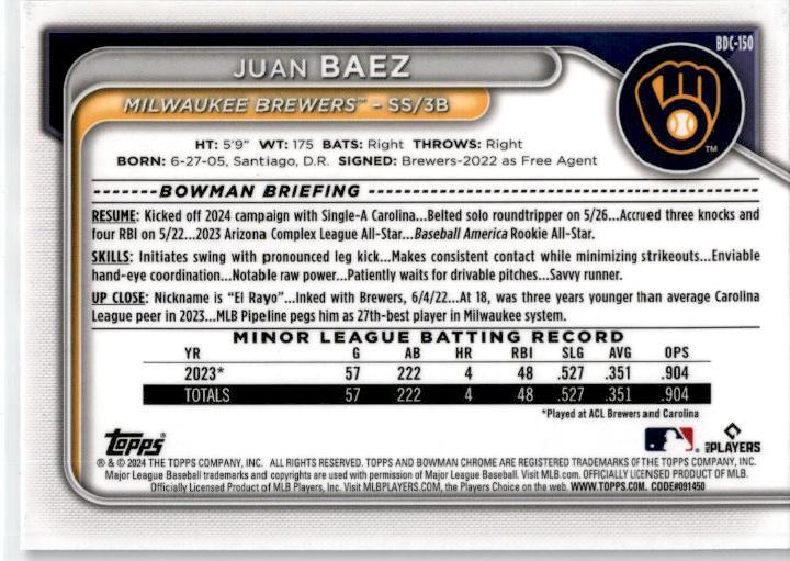 2024 Bowman Draft Chrome Purple #BDC-150 Juan Baez /250 Milwaukee Brewers