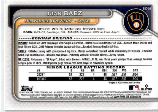 2024 Bowman Draft Chrome Purple #BDC-150 Juan Baez /250 Milwaukee Brewers
