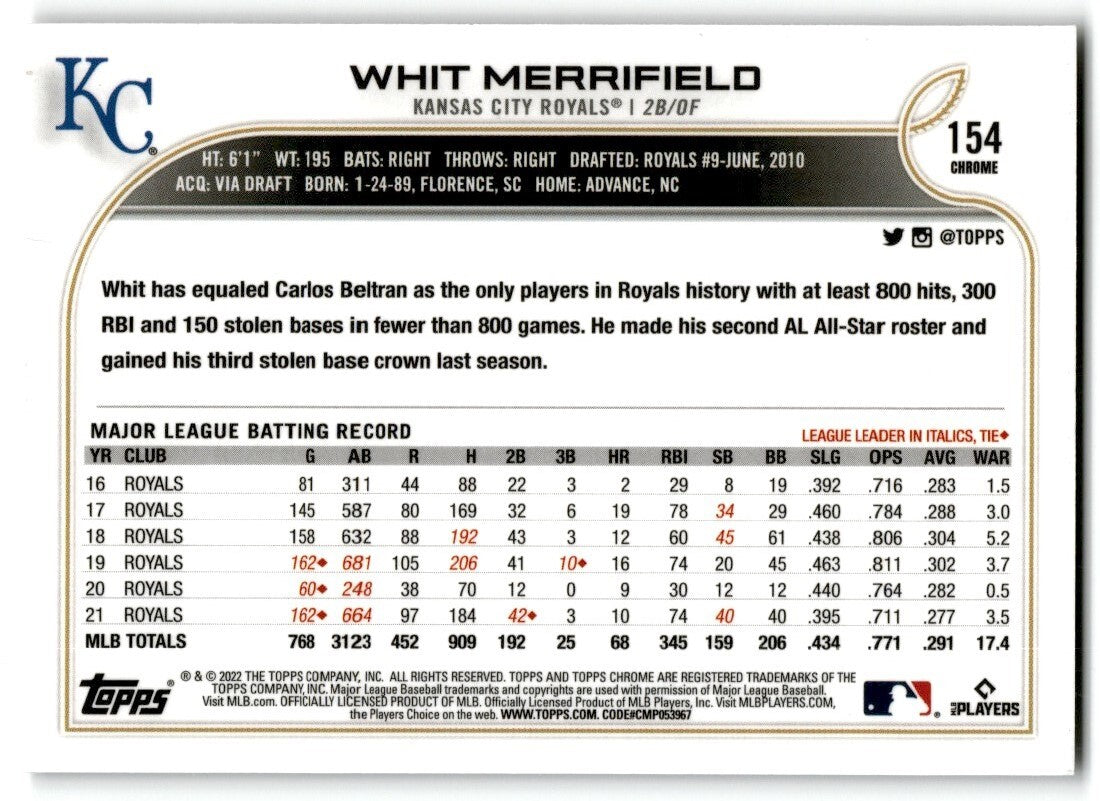 2022 Topps Chrome Sepia Refractor Whit Merrifield Kansas City Royals #154