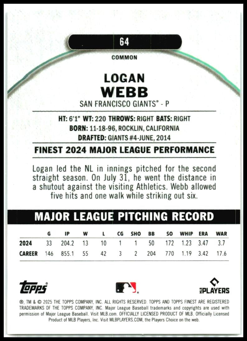 2025 Topps Finest Gold /50 #64 Logan Webb Giants