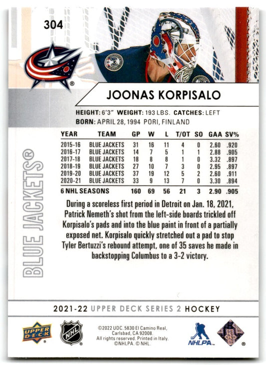 2021-22 Upper Deck Joonas Korpisalo Columbus Blue Jackets #304