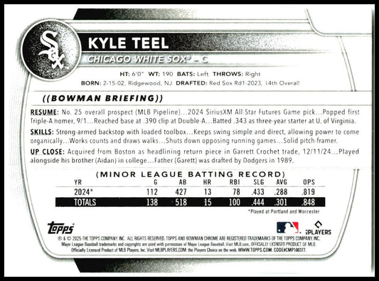 2025 Bowman #BP-118 Kyle Teel Chicago White Sox