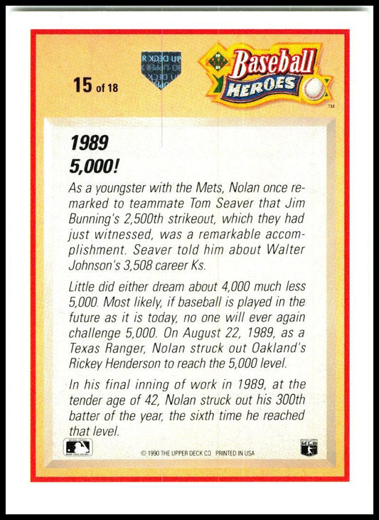 1991 Upper Deck Baseball Heroes: Nolan Ryan #15 Nolan Ryan Texas Rangers