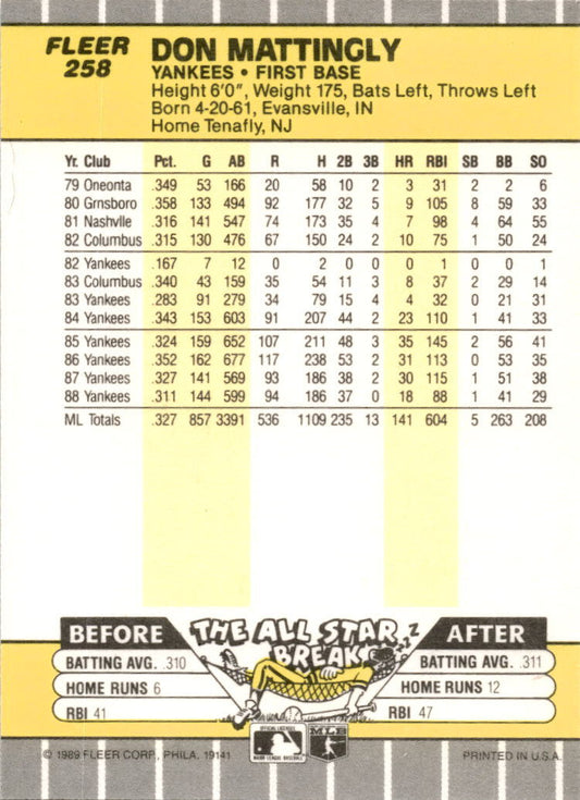 1989 Fleer #258 Don Mattingly New York Yankees