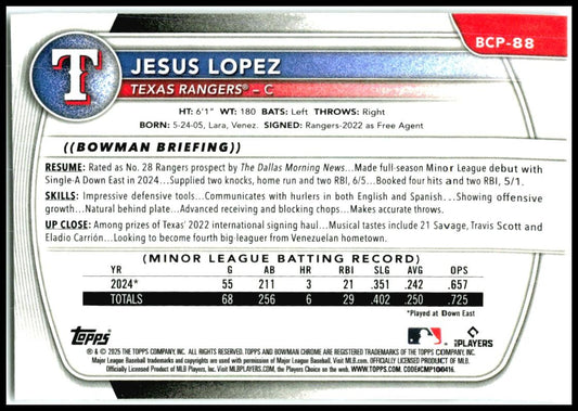 2025 Bowman Chrome Prospects #BCP-88 Jesus Lopez Texas Rangers