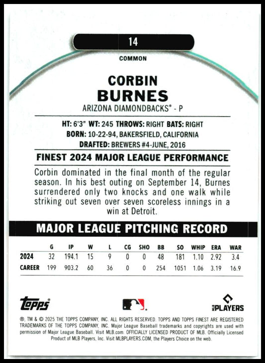 2025 Topps Finest #14 Corbin Burnes Diamondback