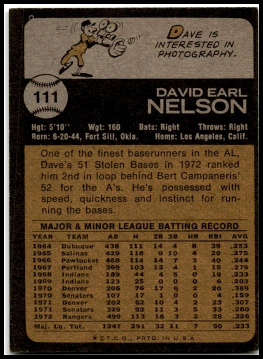 1973 Topps #111 Dave Nelson Texas Rangers