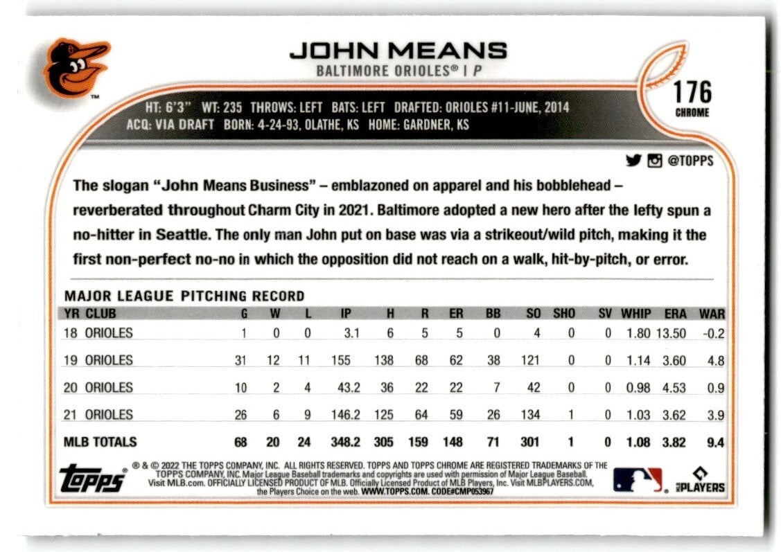 2022 Topps Chrome X-Factor John Means Baltimore Orioles #176