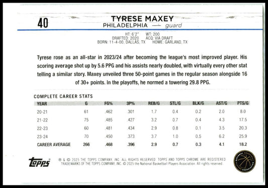2024-25 Topps Chrome Green Topps Logo #40 Tyrese Maxey Philadelphia 76ers