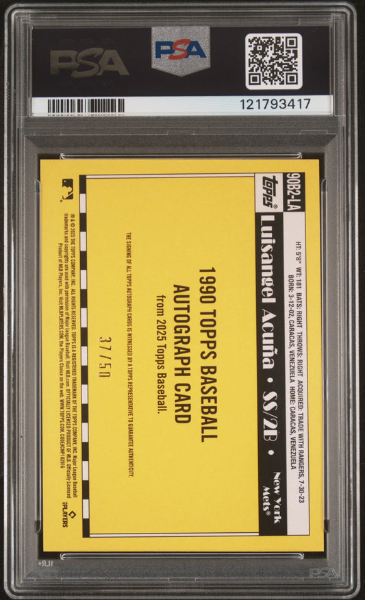 2025 Topps 1990 Topps Auto-Gold /50 #90B2LA Luisangel Acuna Mets PSA 9