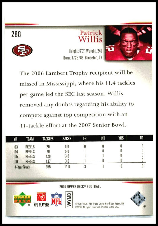 2007 Upper Deck Rookie Exclusives Star Rookies #288 Patrick Willis Rookie 49ers