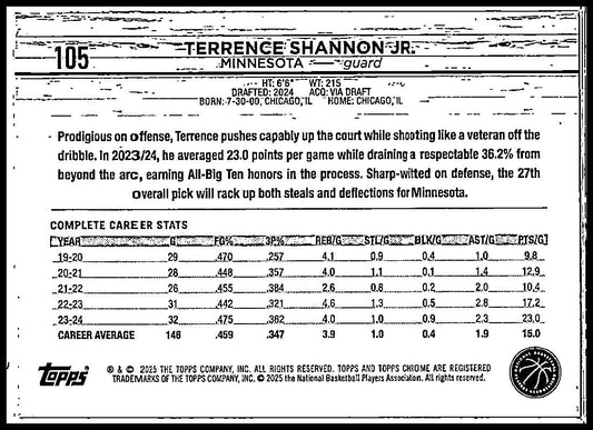2024-25 Topps Chrome Prism Refractor #105 Terrence Shannon Jr. Rookie Minnesota