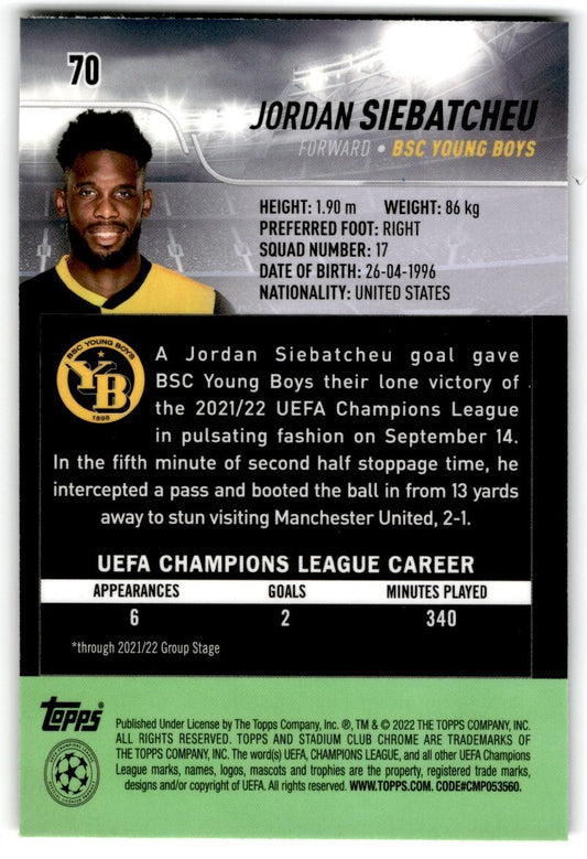 2022 Topps Stadium Club Chrome UCL Jordan Siebatcheu Rookie BSC Young Boys #70