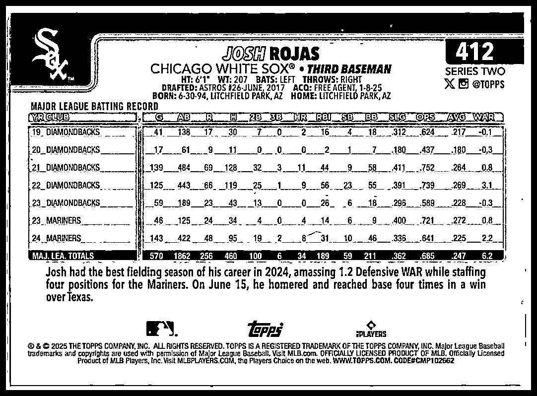 2025 Topps Rainbow Foil #412 Josh Rojas Chicago White Sox