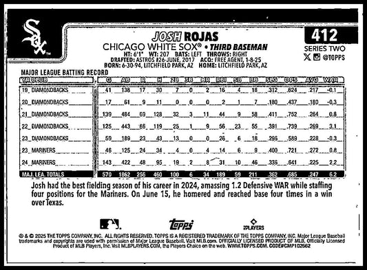 2025 Topps Rainbow Foil #412 Josh Rojas Chicago White Sox