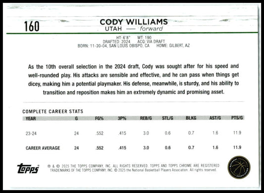 2024-25 Topps Chrome Prism Refractor #160 Cody Williams Rookie Utah Jazz