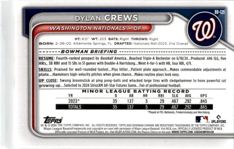 2024 Bowman Draft #BD-125 Dylan Crews Washington Nationals