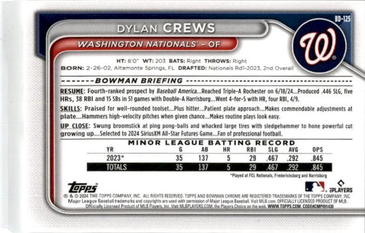 2024 Bowman Draft #BD-125 Dylan Crews Washington Nationals