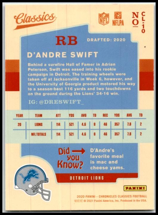 2020 Panini Chronicles Classics #CL-10 D'Andre Swift Detroit Lions