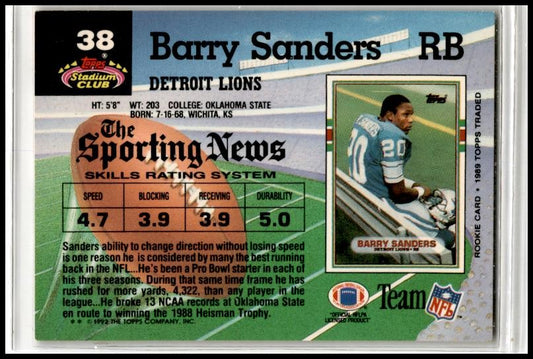 1992 Stadium Club #38 Barry Sanders Detroit Lions