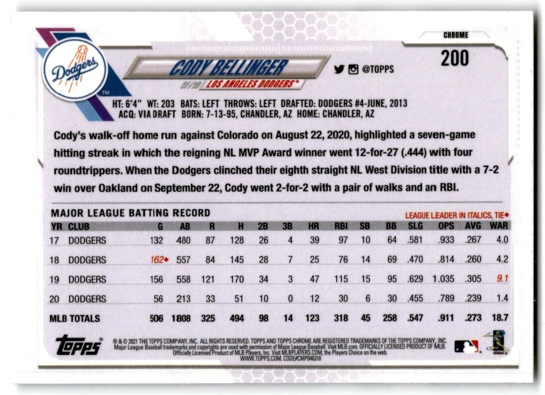 2021 Topps Chrome Cody Bellinger Los Angeles Dodgers #200
