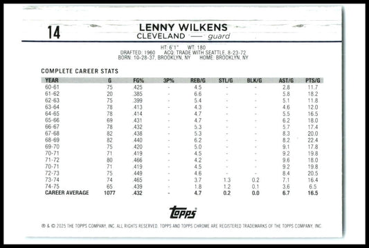 2024-25 Topps Chrome Blue Basketball Refractor #14 Lenny Wilkens Cavaliers