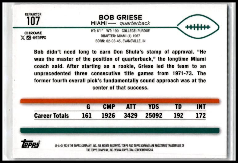 2024 Topps Chrome Refractor #107 Bob Griese Miami Dolphins