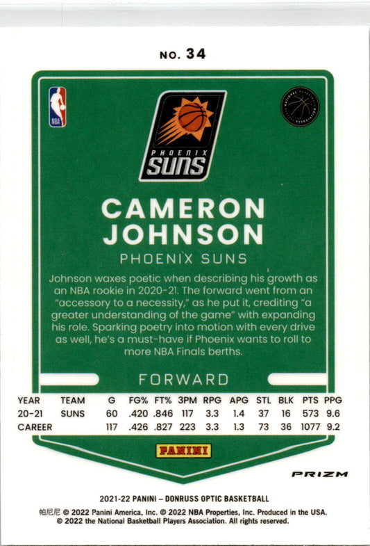 2021-22 Donruss Optic Holo #34 Cameron Johnson Phoenix Suns