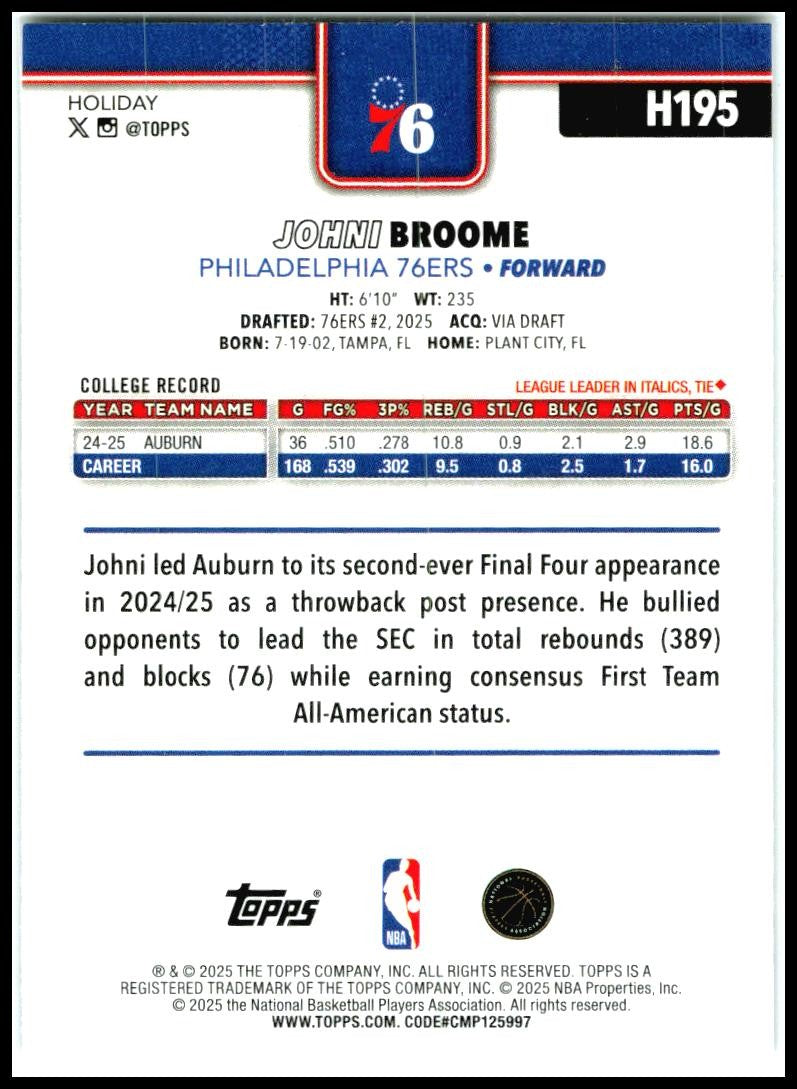 2025-26 Topps Holiday Glitter Holiday #H195 Johni Broome Rookie 76ers