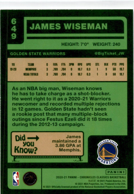 2020-21 Panini Chronicles Classic #649 James Wiseman Rookie Warriors