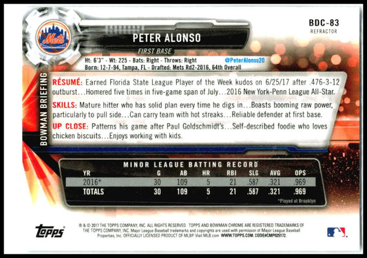 2017 Bowman Draft Chrome Refractor #BDC-83 Peter Alonso New York Mets