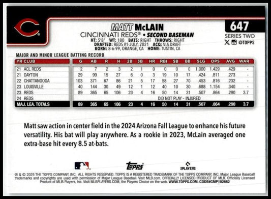 2025 Topps Sandglitter #647 Matt McLain Cincinnati Reds