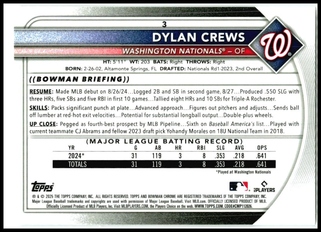 2025 Bowman Chrome #3 Dylan Crews Rookie Washington Nationals