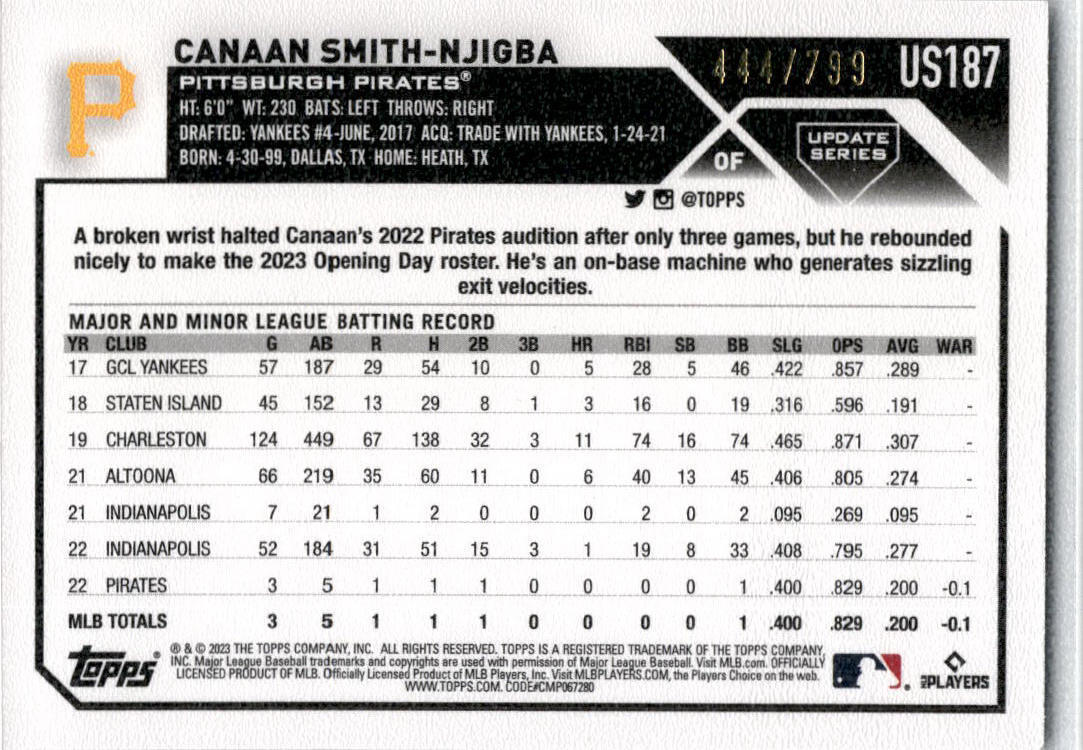 2023 Topps Update Purple Foil #US187 Canaan Smith-Njigba /799 Pittsburgh Pirates