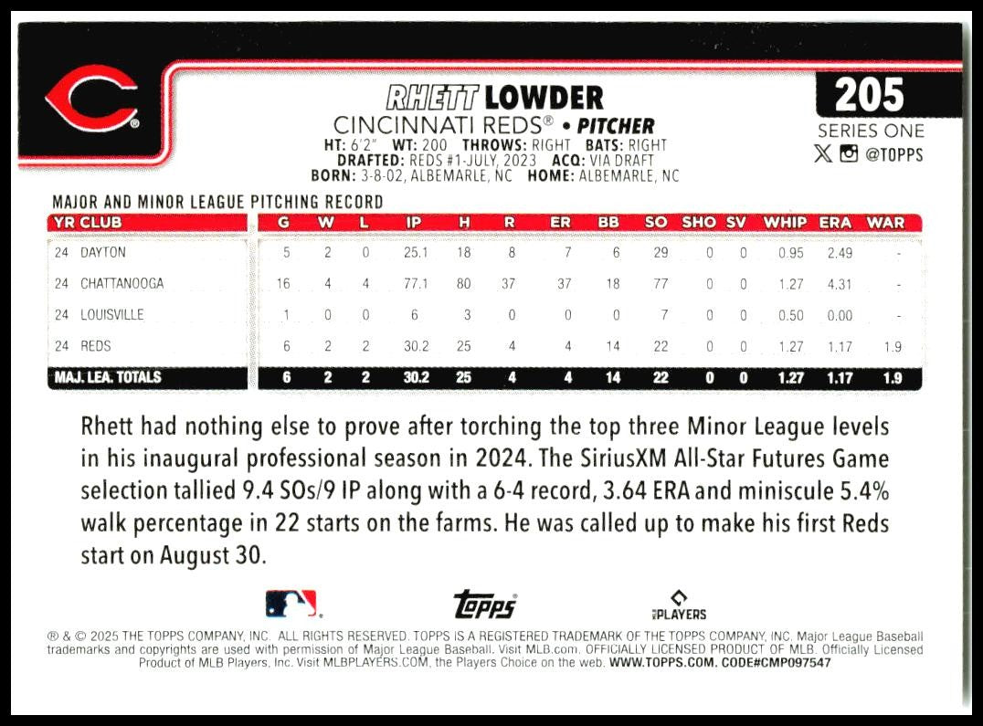 2025 Topps #205 Rhett Lowder Rookie Cincinnati Reds