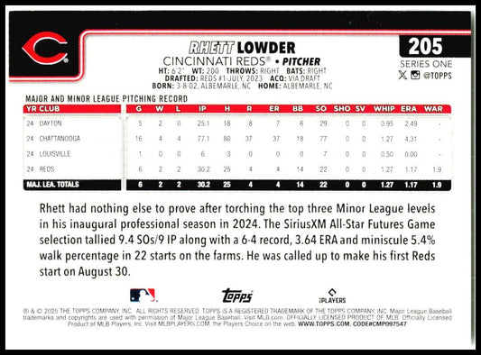 2025 Topps #205 Rhett Lowder Rookie Cincinnati Reds