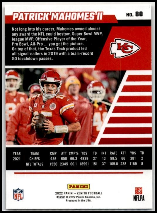 2022 Zenith #80 Patrick Mahomes II Kansas City Chiefs