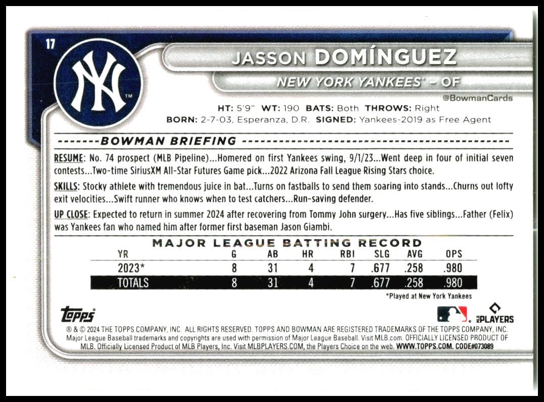 2024 Bowman #17 Jasson Domínguez Rookie New York Yankees