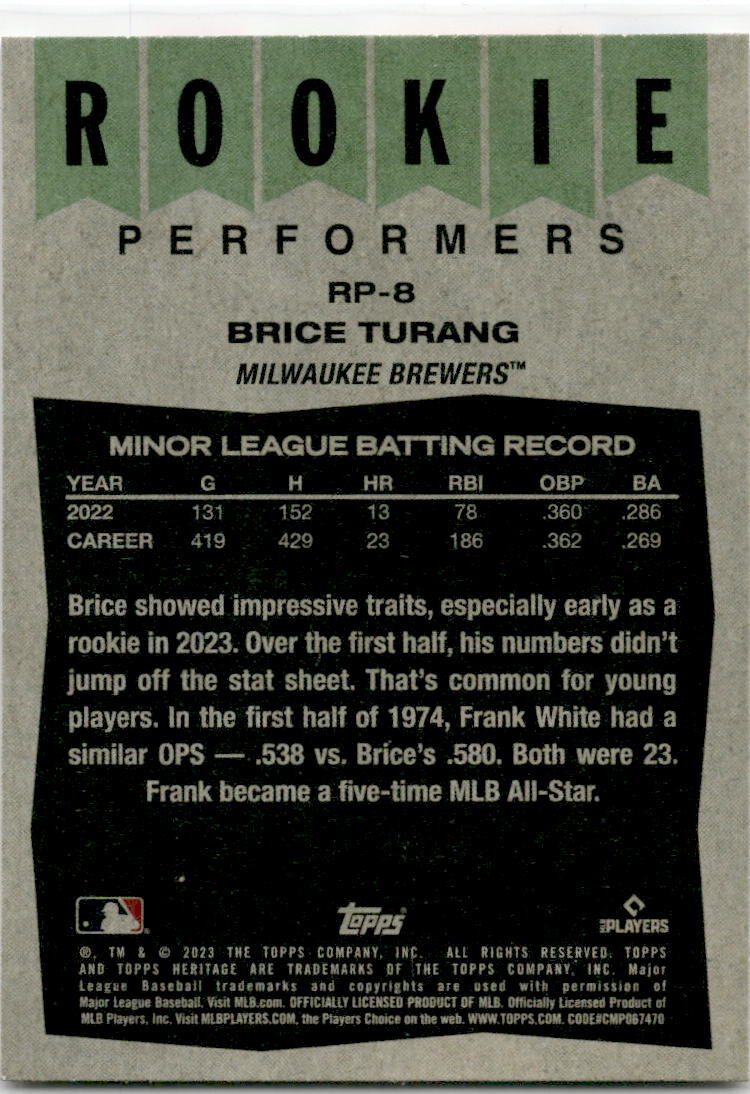 2023 Topps Heritage Rookie Performers #RP-8 Brice Turang Milwaukee Brewers