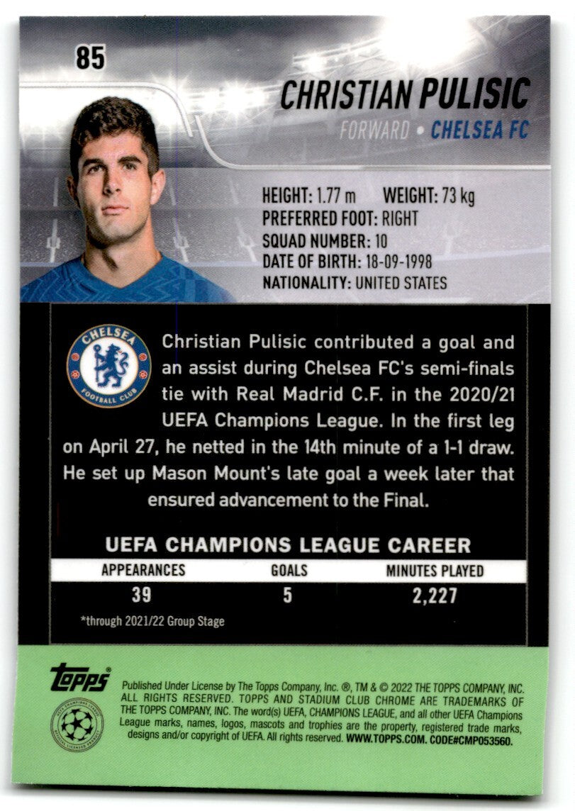 2022 Topps Stadium Club Chrome UCL Christian Pulisic Chelsea FC #85