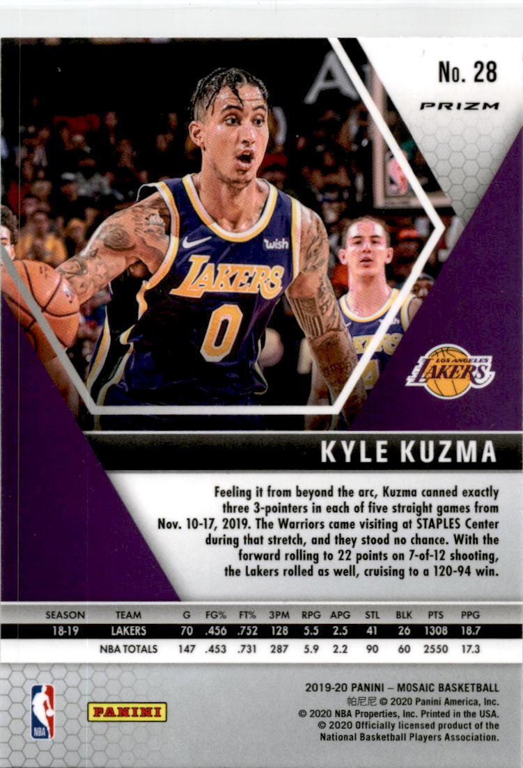 2019 Panini Mosaic Genesis #28 Kyle Kuzma Los Angeles Lakers.
