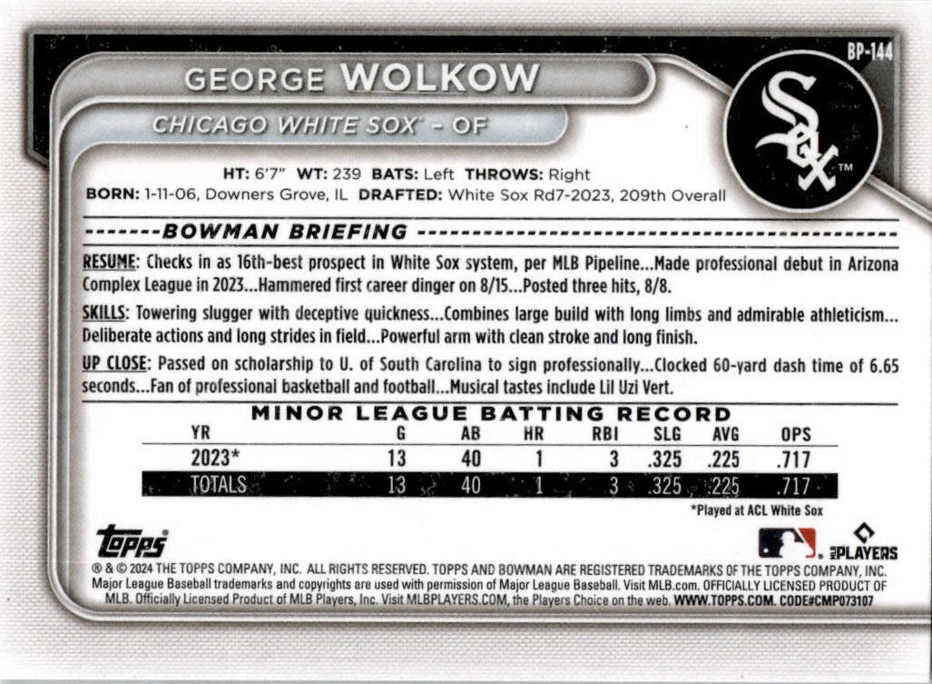 2024 Bowman Prospects #BP-144 George Wolkow Chicago White Sox